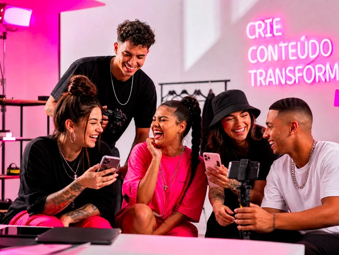 Creators reunidos produzindo conteúdo em um estúdio